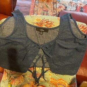 Lulu's Dark Blue Denim Top with Bow Accents, Size L